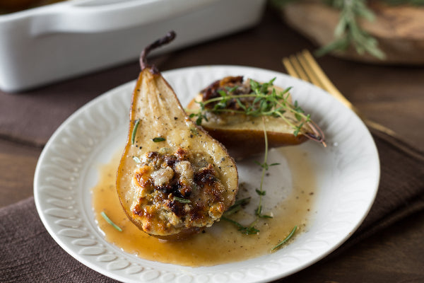 Baked Pears with Blue Cheese, Fig, Walnuts, and Honey
