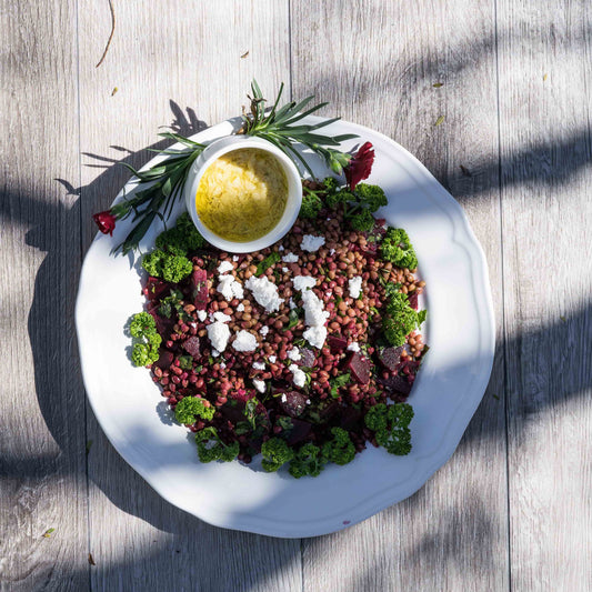 Lentil and Beet Salad, Fresh Herbs, Crottin de Chavignol served on a plate